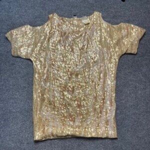 2b Rych Womens Blouse Gold All Over Print Short Sleeve Silk Blend Top Glam M New